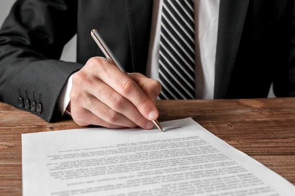 A suited man is engaged in signing a document on a table, reflecting a formal business setting. A suited man is engaged in signing a document on a table, reflecting a formal business setting.