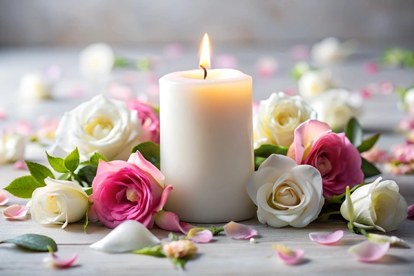 A candle surrounded by fresh roses placed elegantly on a rustic wooden table, creating a serene ambiance. A candle surrounded by fresh roses placed elegantly on a rustic wooden table, creating a serene ambiance.