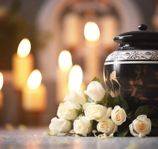  A funeral urn surrounded by white roses and lit candles, symbolizing remembrance and honoring a loved one.