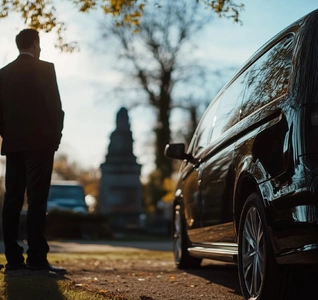 Two men in suits are standing next to a stylish black car.