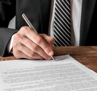 A man in a suit is signing a document on a table, indicating a formal agreement.